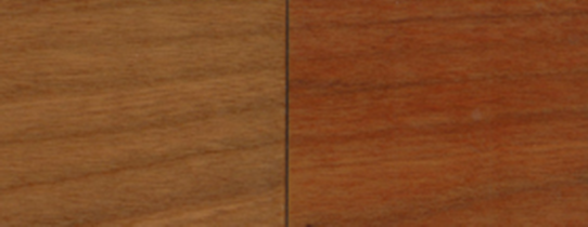 Gebeitst en gelakt hout, origineel (links) en verkleurd (rechts)
